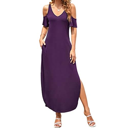 HUSKARY Women's Summer Maxi Dresses V Neck Cold Shoulder Short Sleeve Casual Loose Long Split Dress with Pocket X-Large Purple