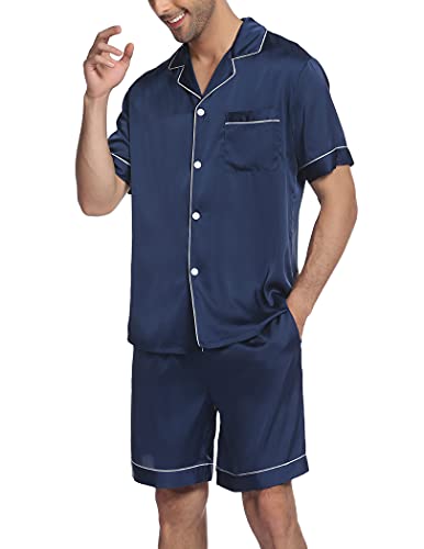 Image of Ekouaer Mens Satin Pajamas Set Button-Down Short /Long Sleeve Shirt Top Soft Silk Sleepwear Loose Pocket Pant Loungewear