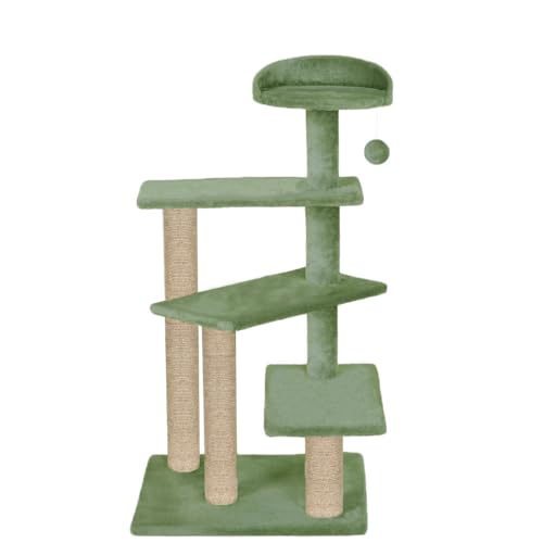 Image of Cat Tree Tower, Multi-Level, Grey, Sisal Scratching Posts, 36 Inch Height, with Perch and Hanging Toy (FURR-40) (Green)
