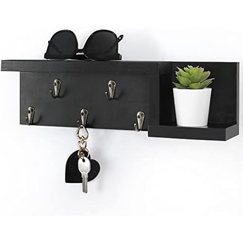Decorative Key Holder for Wall with Shelf, Entryway Shelf with Hooks Holds Leashes, Jackets and Glasses – Sturdy Wood Keyholder Entrance Hanger with Mounting Hardware (15.6” x 4.7” x 3.5”) (Black) Cover