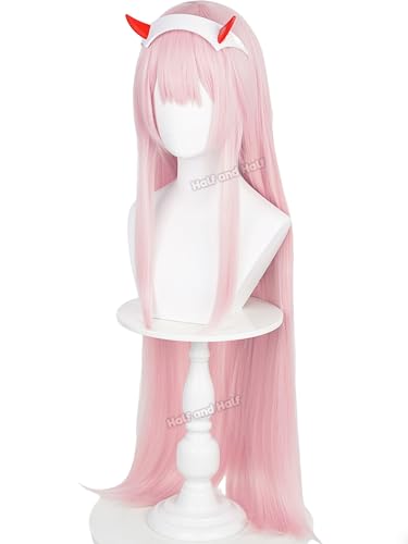 Image of Zero Two 02 Cosplay Wig & Headband 39'' Long Straight Light Pink Anime Wig | Pastel Pink Wigs with Bangs Synthetic Hair for Women Halloween Party Costumes