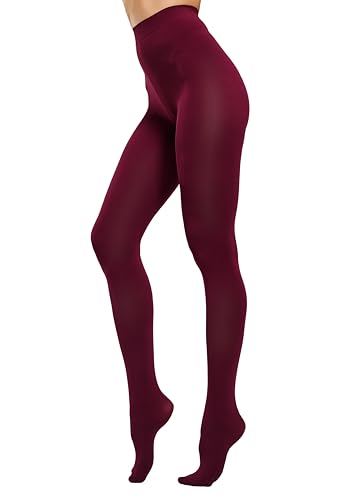 HeyUU Women's 80D Ultra Soft Opaque Tights, High Waist Solid Color Footed Pantyhose with 29 Colors burgundy lxl