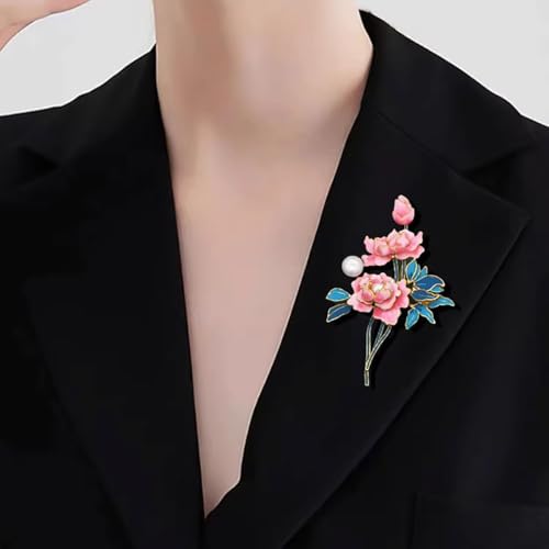 Image of Peony Flower Brooch Elegant Enamel Peony Brooch Lapel Pins Pink Blue Flower Brooch Clothing Hat Suit Bag Jewelry Accessories for Women