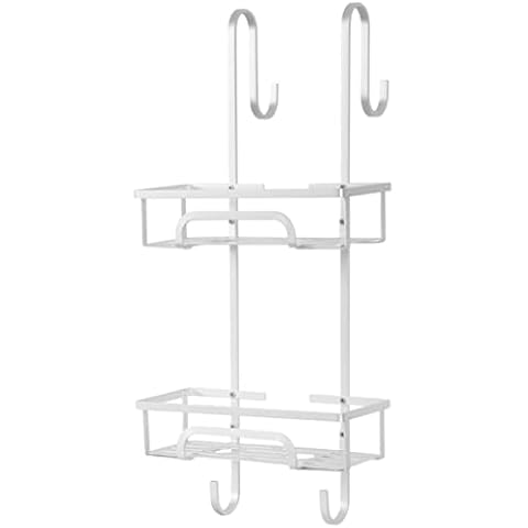 Direct Online Houseware 2 Tier Aluminium Over Door Shower Caddy, Rust-proof Hanging Shower Shelf with Two Baskets and 2 Hooks, Towel Hook Bathroom Organiser Storage Accessories Unit, Metal - Silver Cover