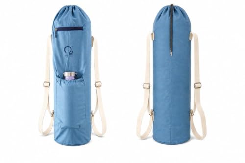 Image of O2 Yoga Mat Bag | Basic Style Cotton Yoga Mat Carry Bag with Adjustable Double Straps | Bottle Holder & Zipper Pocket | Yoga Mat Cover Bag for Women & Men | Fits 2mm-10mm Mats - Ocean Blue