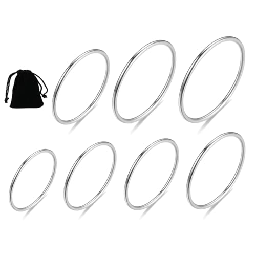 DOKRIN Anillos para mujer,Juego de 7 anillos finos de acero inoxidable para mujer, anillos apilables de plata de 1 mm, tallas 4, 5, 6, 7, 8, 9 y 10