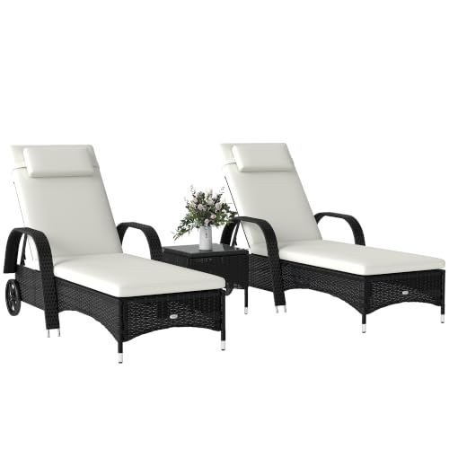 Outsunny Rattan Sun Loungers Set of 2 with Side Table 3-Piece Garden Furniture Set Adjustable Recliner Sunlounger Sunbed with Cushions & Headrest Wheels Outdoor Patio Daybed Black