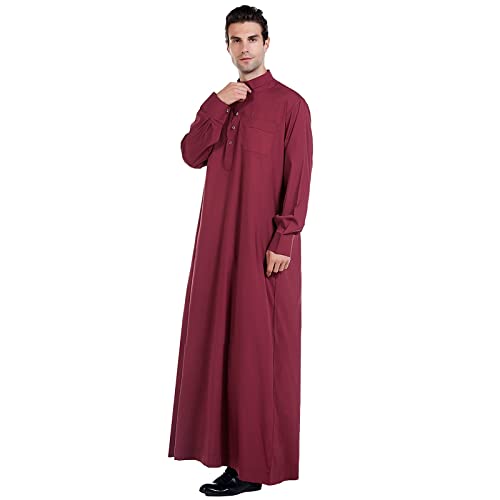 Beokeuioe Túnicas de caftán para hombre con cuello alto vestido musulmán tóbe manga larga caftán bata árabe oración juramento ropa islámica vestidos jabelya-lamica caftán vestido, Vino, XXL