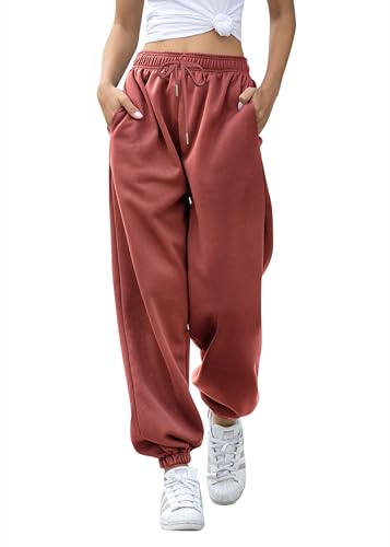Gvraslvet Yoga Joggers for Women Soft Fleece Wide Leg Sweatpants Pockets High Waist Gym Wide Leg Big Fit Lounge Pants Brick Red M