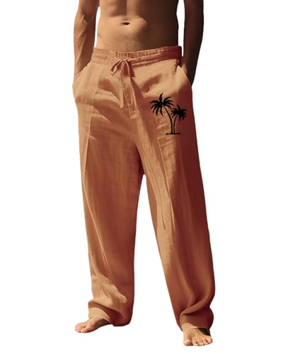 Linen Pants for Men Casual Coconut Tree Print Wide Leg Drawstring Pants 2025 Baggy Fall Yoga Beach Trousers