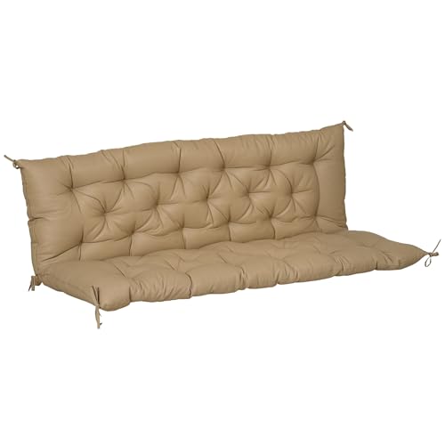 Outsunny 3 Sitzer Bankauflage 150x98x8 cm, Bankkissen mit Bändern, Sitzkissen, Outdoor/Indoor Stuhlkissen, Sitzauflage, Sitzpolster für Gartenmöbel, Fensterbank Sitzbank, Hollywoodschaukel, Khaki