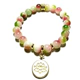 Lotus Flower Healing Crystal Stretch Bracelet with Gold Accents, 8 MM Beads, Handmade in USA (Watermelon Tourmaline)