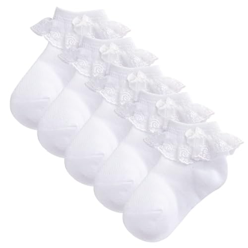Looching 5 Pairs Toddler Baby Girls Ruffle Lace Socks Mesh Eyelet Frilly Cotton Ankle Soft Dress Kids Princess Socks