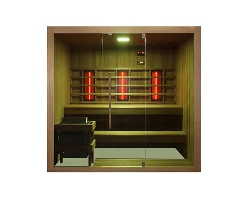 KOTKA a infrarossi e sauna finlandese per 4-5 persone – 200 x 150 x 190 cm – Faretto a spettro completo, forno per sauna con pietre per sauna, luce a LED (7 colori), lettore MP3 con Bluetooth