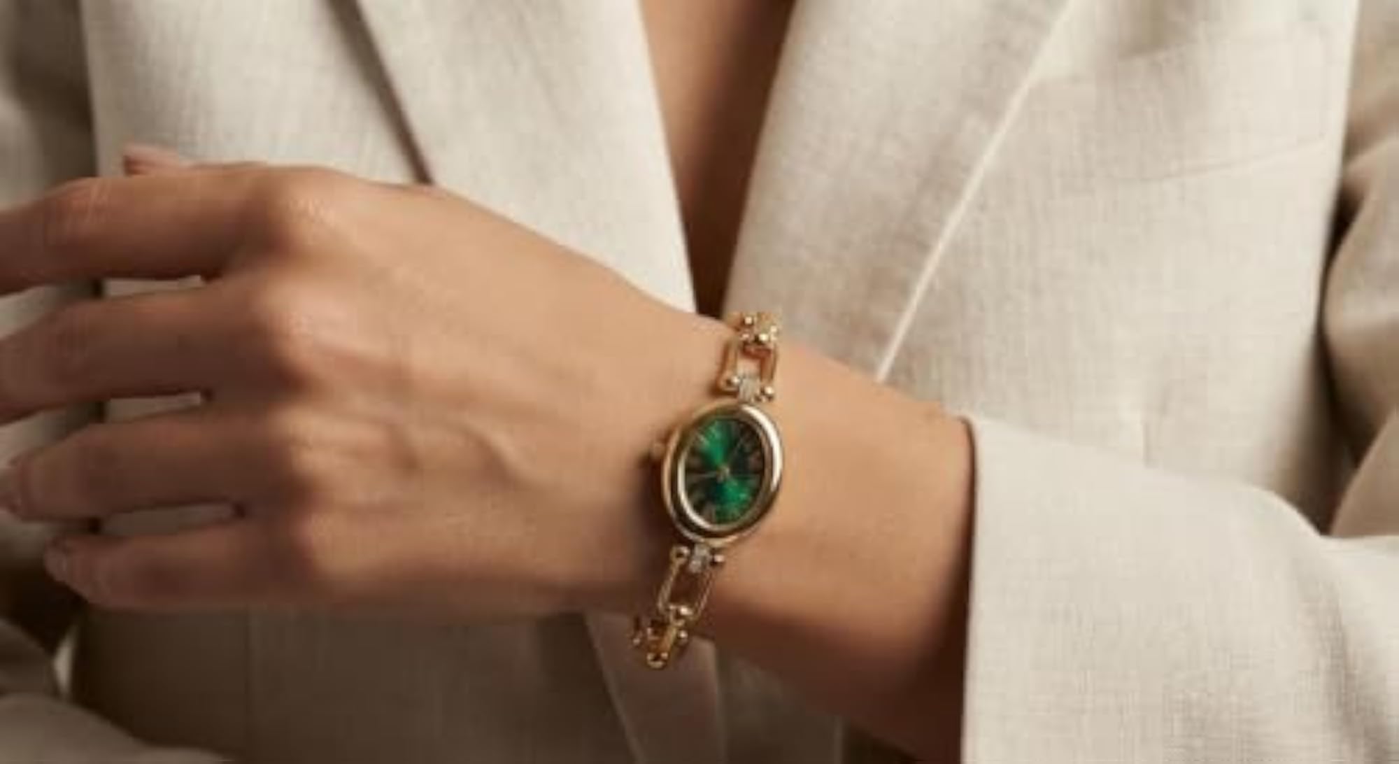 Women's Gold-Tone Oval Dial Bracelet Watch with Roman Numerals