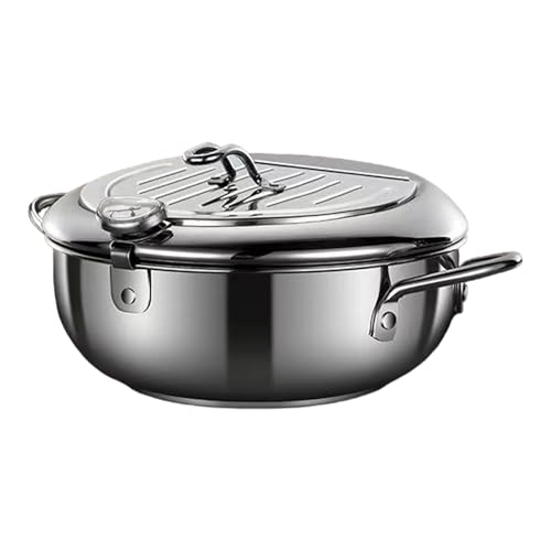 Olla de freidora de acero inoxidable, freidora de aceite de acero inoxidable,Estufa de inducción doméstica con termómetros - Olla de sopa profunda, estante de drenaje extraíble para cocinar anillos de