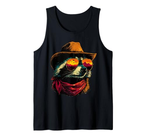 Colorido Mapache en Gafas de Sol Vaquero Animal Puesta de Sol Occidental Camiseta sin Mangas