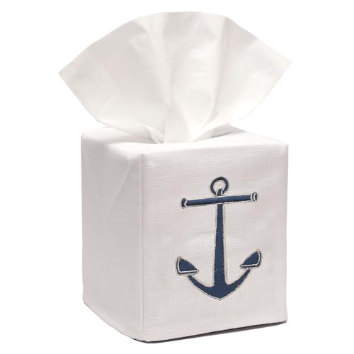 Jacaranda Living Square Tissue Box Cover, Linen/Cotton Fabric Tissue Holder, Decorative Cloth Tissue Cube Cover, Coastal Designs Standing Anchor (Navy)