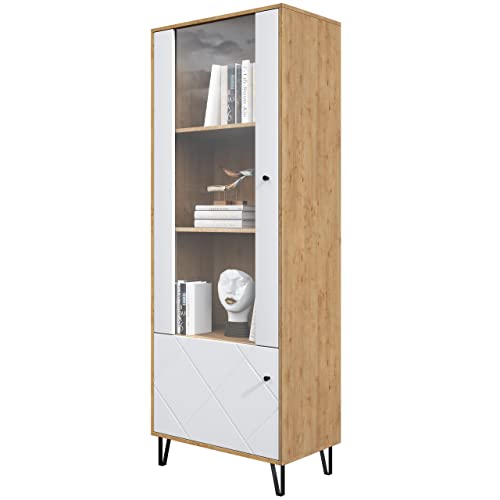 Newroom Vitrine Wildeiche Weiß Matt Vitrinenschrank Skandi Modern - 63x171x40 cm (BxHxT) - Glasvitrine Standvitrine Glasschrank - [Loya.Nine] Wohnzimmer Gästezimmer Büro