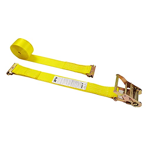 1 Pack E Track Ratchet Tie-Down Cargo Straps, 2' x 20' Durable Ratcheting Strap Cargo TieDowns, Heavy Duty Yellow Polyester Tie-Downs, ETrack Spring Fittings KJE