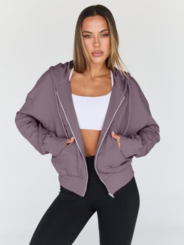 Image of Trendy Queen Womens Zip Up Hoodies Cropped Jackets Fall Outfits 2026 | lightweight comfort material, slouchy drop shoulder, casual travel winter clothes with pockets, airport workout athletic