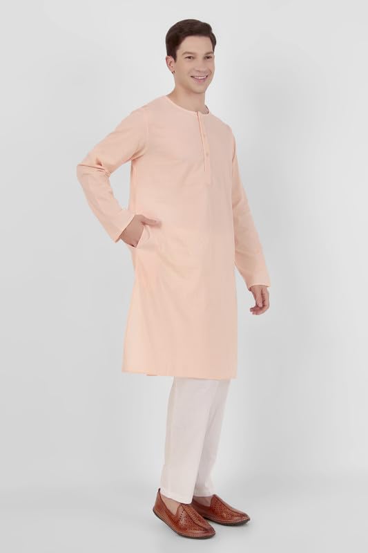 Mens Indian Casual Cotton Kurta Pajama Set - Pink - Crew Neck3