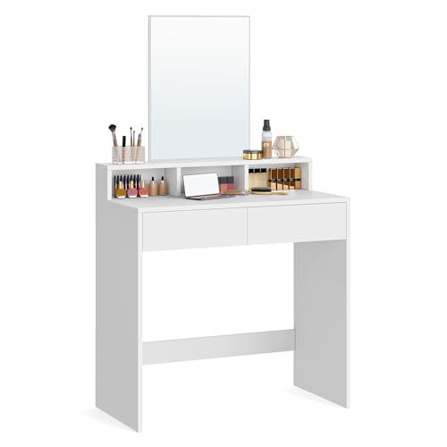 VASAGLE Tocador, Mesa de Maquillaje con Espejo Grande, Gabinete con 2 Cajones y 3 Compartimentos, Estilo Moderno, Blanco RDT113W01