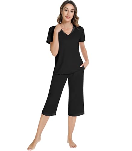 Image of NACHILA Pajamas Set for Women-Viscose Made from Bamboo, Short Sleeve Sleepwear Soft Capri Pants Pajamas with Pocket Cool Pjs