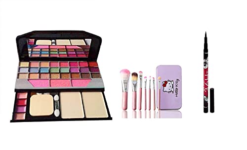 6155 Makeup Kit Eyeshadow Pallete With 7 Pink Makeup Brushes Set, 36H Waterproof Eyeliner Pencil with Pink Beauty Blender – (Pack of 10)
