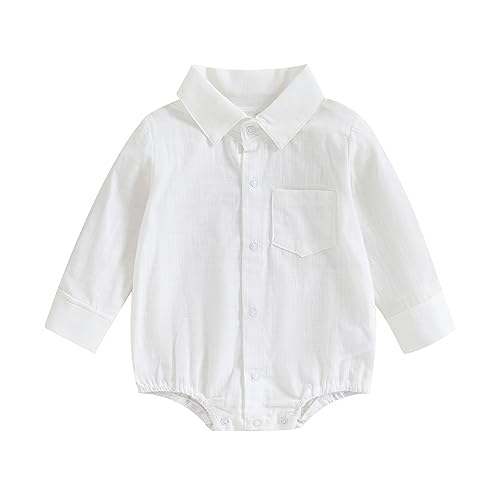 Baby Boy Button Down Shirt Newborn Solid Color Long Sleeve Romper Gentleman Lapel Bodysuit with Pocket
