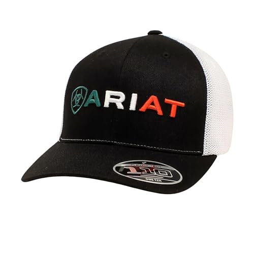 ARIAT Men's Mexican Flag Colors Embroidered Snapback Cap, Black with White Mesh Back, 6-Panel Mid Profile