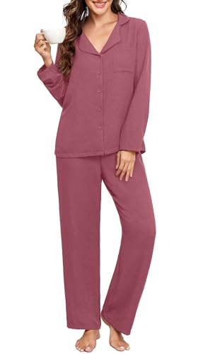 PrinStory Women Pajamas Set Button Down 2 Piece Pjs Sets Long Sleeve Loose Sleepwear Soft Loungewear with Pockets