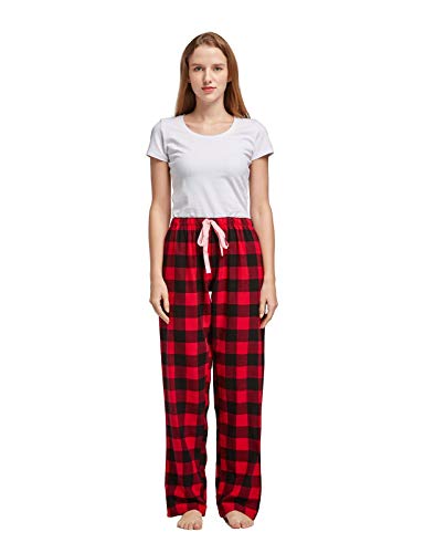 Yincozi Women's 100% Cotton Super Soft Flannel Plaid Pajama/Lounge Pants,Black Red Plaid,X-Large #TOP4