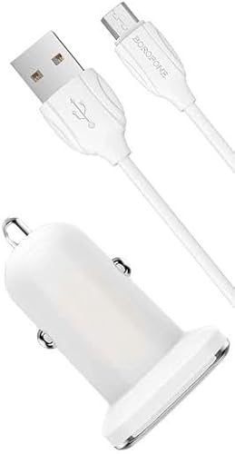 BZ12 Dual USB Car Charger, White with Micro cable, 2.4A Fast Charging, Universal Compatibility