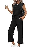 Lounge Sets for Women 2 Piece Business Casual Outfits Summer Fashion 2026 Beach Vacation Clothes Comfy Workout Sets Athleisure Pajamas Loungewear Spring Break Sweatsuits Sleeveless Seniors Black S