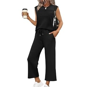 WIHOLL Two Piece Sets for Women Summer Spring Lounge Sets Travel Vacation Outfits Cap Sleeve Side Slit Wide Leg Pants S-3XL