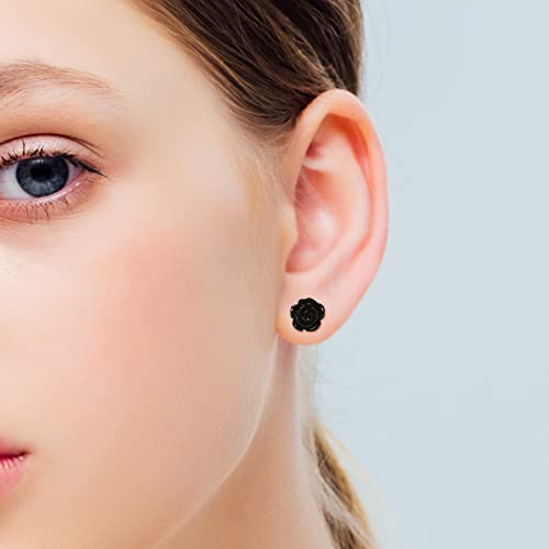 Hypoallergenic Earrings 10Mm Rose Flower Earrings Handmade 925 Sterling Silver Post Soft Ceramic Resin Stud Earrings For Women Sensitive Ears - Black #TOP4