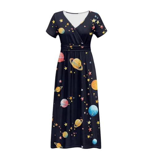 Image of Women's Fall Summer Short Sleeve Ankle Length V-Neck Party Dress with Pockets Size S-3XL