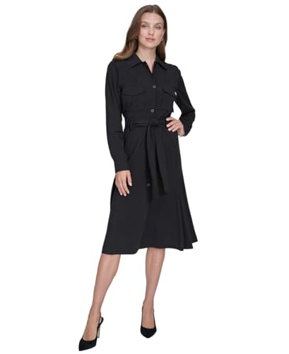 H HALSTON Women's Wear to Work Collared V-Neck Long Sleeve Shirt Dress