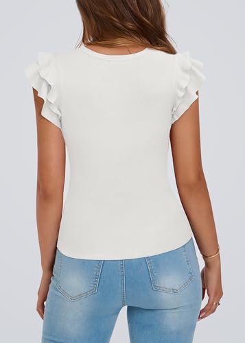 KIRUNDO Summer Sweaters for Women Lightweight 2025 Fall Ruffle Short Sleeve Business Casual Tops Slim Soft Knit T Shirts2