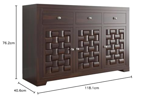 Image of Sheesham Wood Sideboard Cabinet | Solid Wood Buffet Unit with 3 Doors & 3 Drawers | Living Room, Dining Room & Kitchen Storage | Walnut Finish | Pre-Assembled