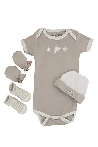 Cottonaire Newborn 4 Piece Layette Set Infant Unisex Baby Take Home Outfit  Cotton Bodysuit Hat Mittens Socks - Grey