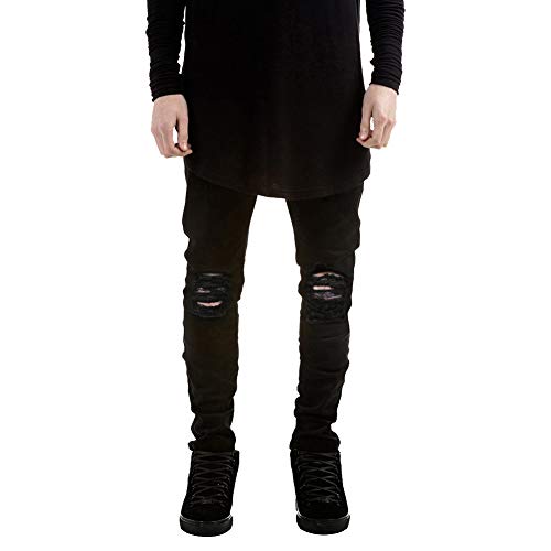 GELing Vaquero Recto de Hombre con Agujero Roto Pantalones Vaqueros Rotos Denim Pantalones Skinny Rajados Mezclilla Jeans Flaco Rodilla Ripped Jean Elásticos Slim Fit Negro 28 Cover