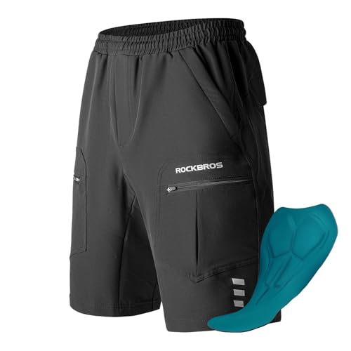ROCKBROS Pantalones Cortos de Ciclismo para Hombre, Culotte Ciclismo Desmontable Transpirable Multifuncional Verano con Bolsillos 4D Acolchado para MTB, M-4XL