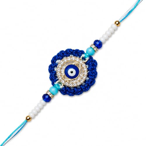 Image of Designer Evil Eye Rakhi For Brother Men Boys | Handcrafted With Soft Cotton Thread | With Crochet Floral As Base | Evil Eye Rakhi For Brother Boys Men | Multicolour