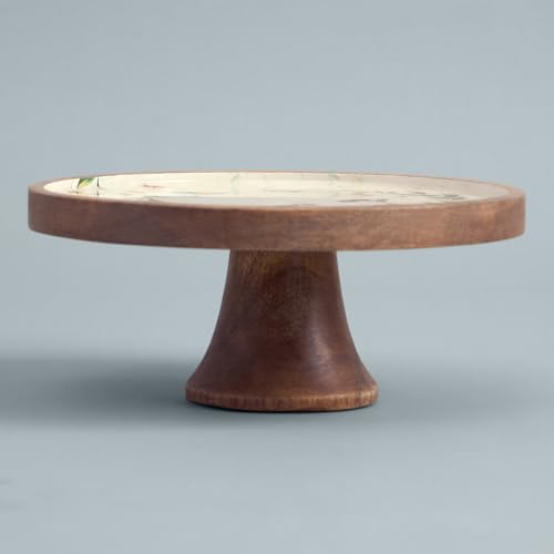Image of SAAGA Begonia Round Printed Wooden Cake Stand | 9.75 x 4.75 Inch Mango Wood Cake & Pizza Display Stand | Decorative Dessert Platter for Dining Table, Parties & Celebrations