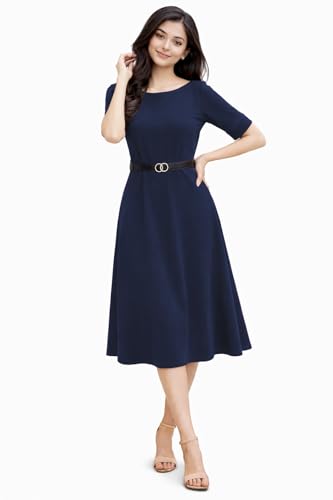 Image of Women's Elegant Midi Dress with Belt | Half Sleeve Fit & Flare Casual Dress | Knee Length Office Party Western Dress for Women