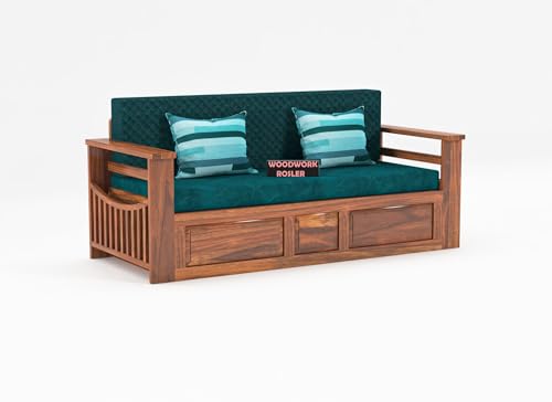 Image of Solid Sheesham Wooden Sofa Cums Bed with Mattresses for Living Room|Rosewood 3-Person Sofa Cums Bed for Bedroom Without Pillow (E-Natural Finish)