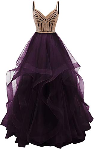 Lilibridal Tulle Crystal Beaded Prom Dresses Tiered Formal Evening Dresses Spaghetti Strap Ball Gown(Grape 4)