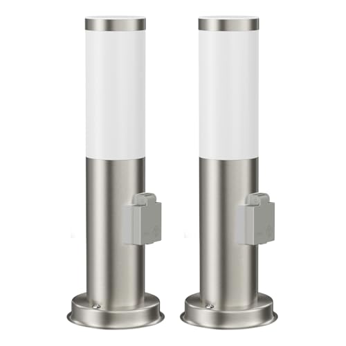 ledscom.de 2 pièces Lumière de chemin/Borne d'éclairage PORU pour l'extérieur, IP44, 39 cm, inox, 1x E27 max. 40W, prise de courant